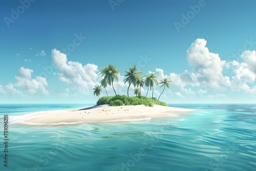 An island with tall palm trees in the middle of the ocean in a photorealistic style surrounded by clouds in the sky available as high-resolution wallpapers suitable for landscape and travel related de