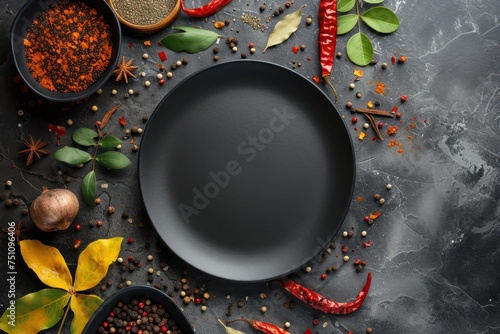 top view mockup of food photo with empty black plate and spices