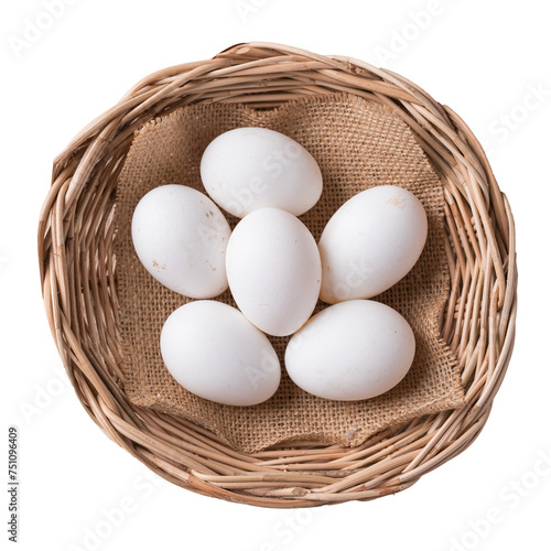 Organic white leghorn egg from free range farm in basket, top view