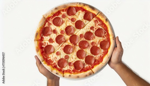 Top view illustration of a pizza chef holding a pepperoni pizza on white background 