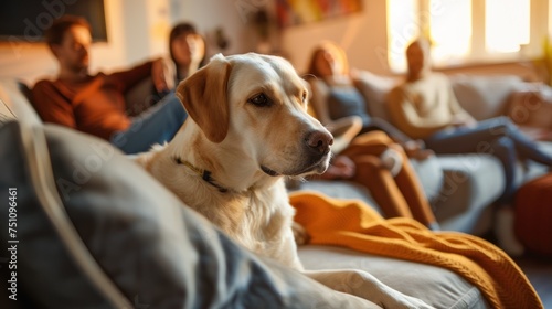 Cute pet dog relaxing at home with group of friends sitting on sofa in living room, close-up