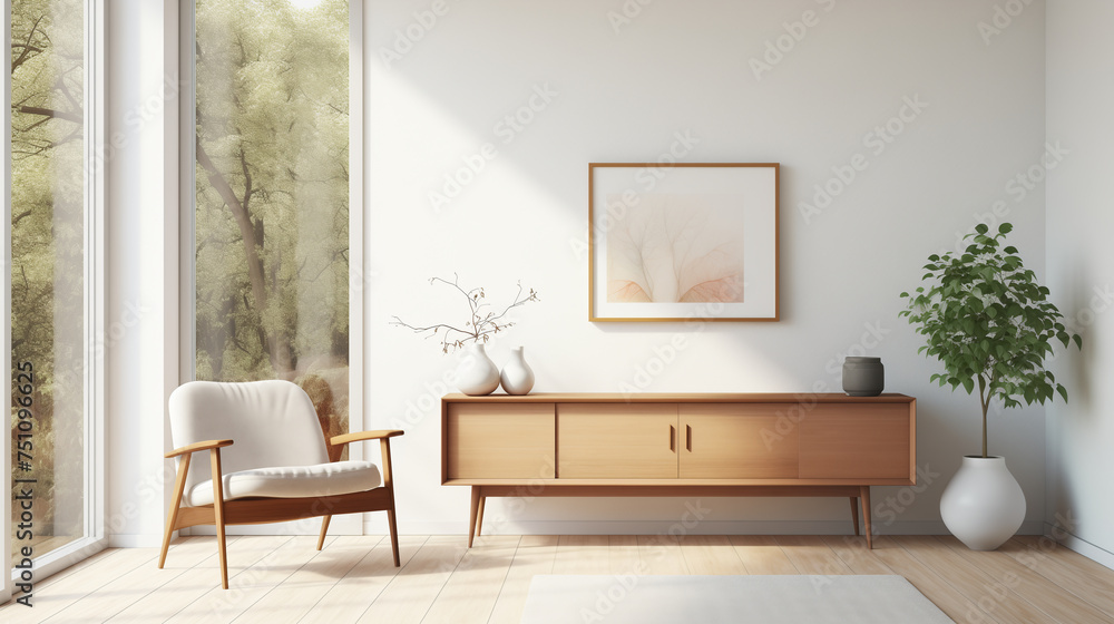 Natural Light-Filled Living Room with Mid-Century Modern Furniture and Botanical Decor Natural Light-Filled Living Room with Mid-Century Modern Furniture and Botanical Decor