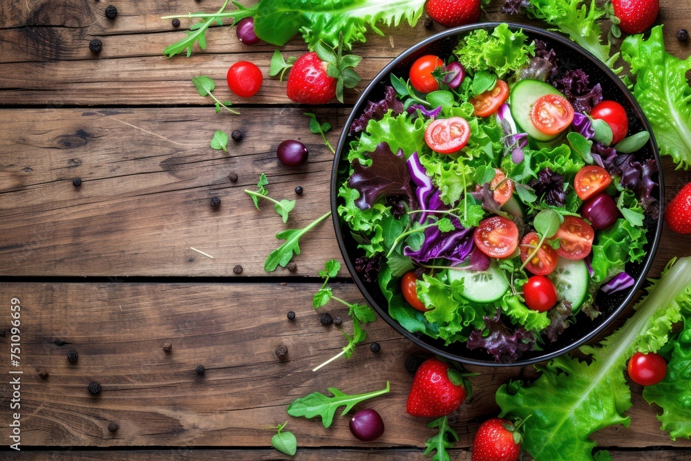 Fresh salad with fruits and healthy greens on a vintage wooden background with space for text. Fresh salad with fruits and healthy greens on a vintage wooden background with space for text.