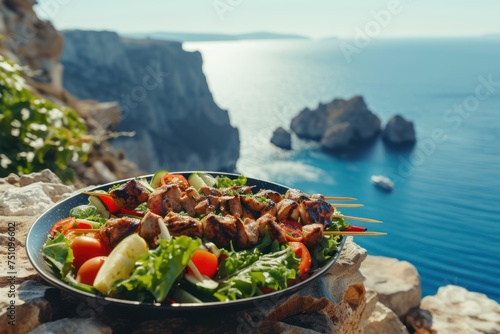 Vegetable salad and souvlaki on skewers in front of the sparkling blue sea during summer