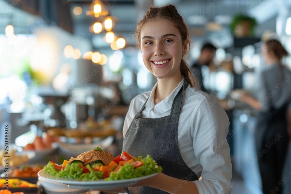 Waitress in Caucasian restaurant smiling happily holding a tray of food to serve customers. Waitress in Caucasian restaurant smiling happily holding a tray of food to serve customers.