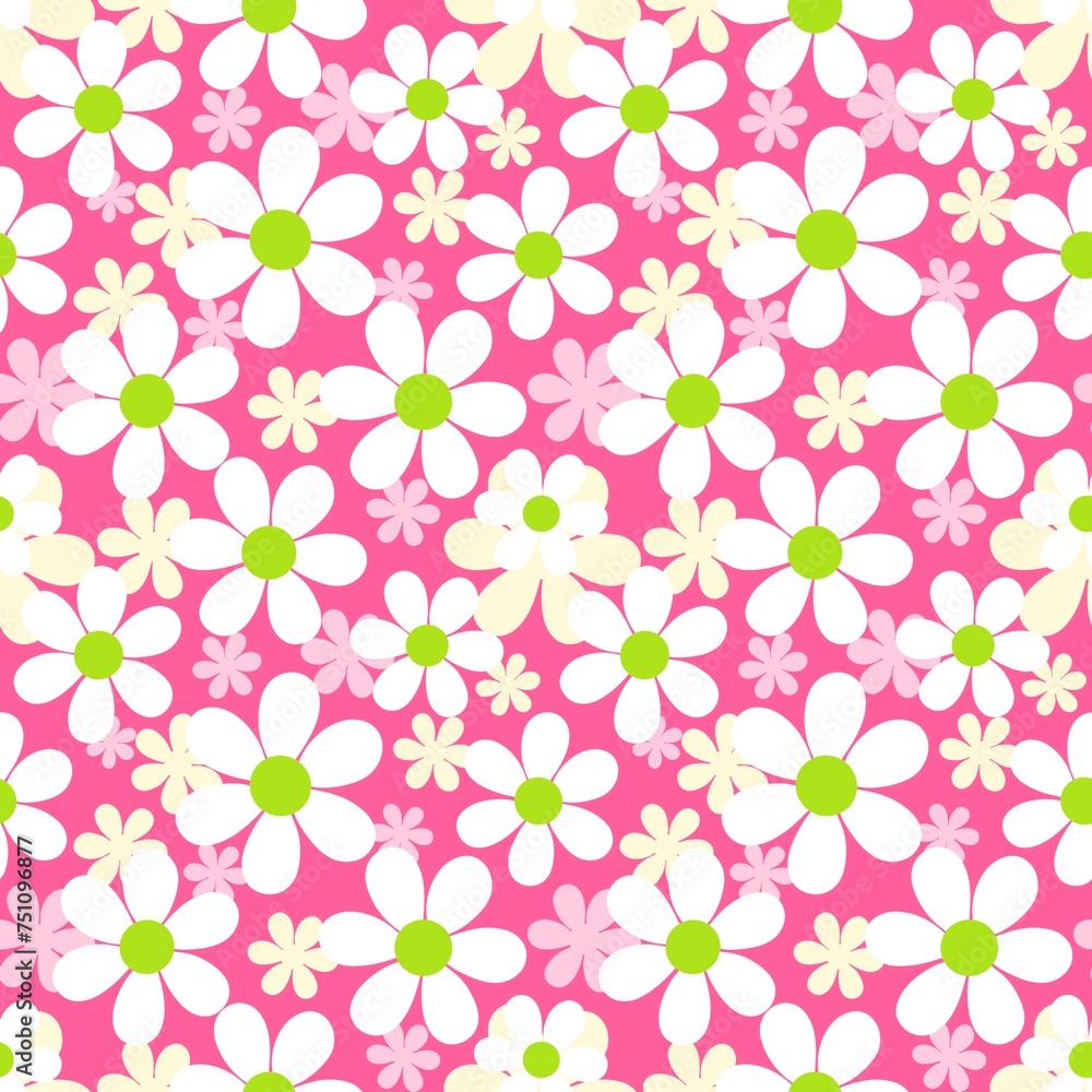 Cartoon pattern pink background white flowers and light yellow flowers arranged in alternating rows cute colorful seamless fashion children's t-shirt repeat cute doodle art fabric pattern Cartoon pattern pink background white flowers and light yellow flowers arranged in alternating rows cute colorful seamless fashion children's t-shirt repeat cute doodle art fabric pattern