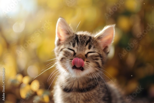 Hungry kitten cat eating and licking ita lips with tongue. photo