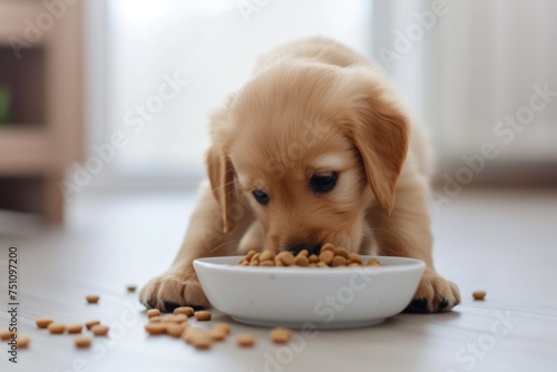 puppy dog eating food in a white bowl.