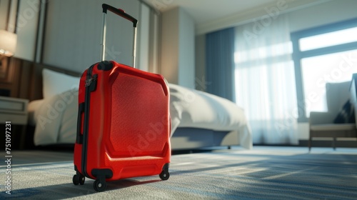 red suitcase In a bright, luxurious hotel room