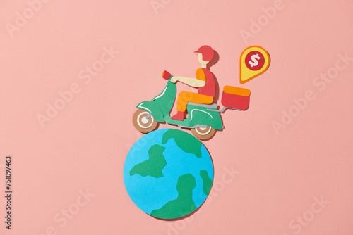 Scooter bike man around ther world over pink background photo