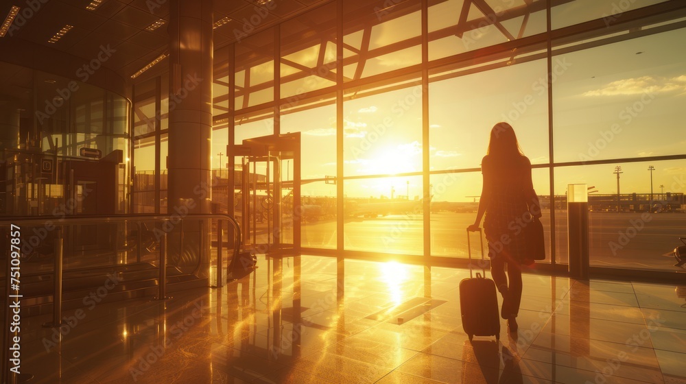 View from the airport to the sun through the glass A young airport passenger girl with a suitcase walks in the morning sunshine in the background.
