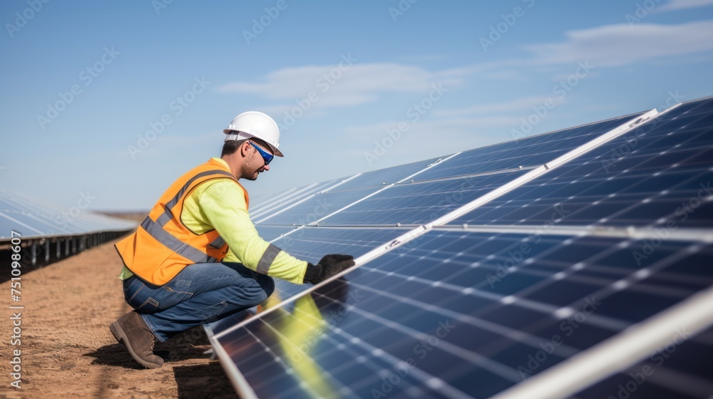 Technician inspecting solar panels Demonstrate expertise and trustworthiness Maintenance of a solar farm. Technician inspecting solar panels Demonstrate expertise and trustworthiness Maintenance of a solar farm.