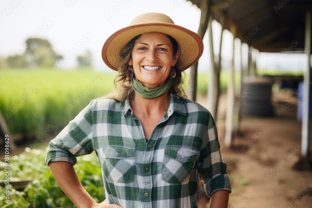 Woman smiling happily on farm happy with her work Satisfaction with modern farmer life Happy and lively.
