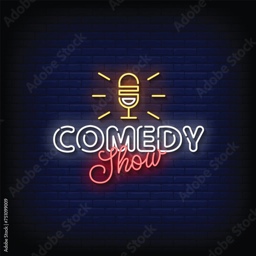 Neon Sign comedy show with brick wall background vector
