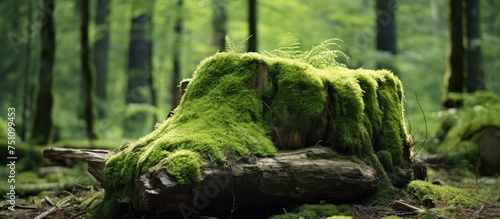 A moss-covered log stands prominently in the forest, surrounded by trees and underbrush. The log appears to have been there for years, slowly being reclaimed by nature.