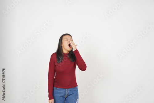 Young Asian woman in Red t-shirt suffering from allergy and sneezing isolated on white background