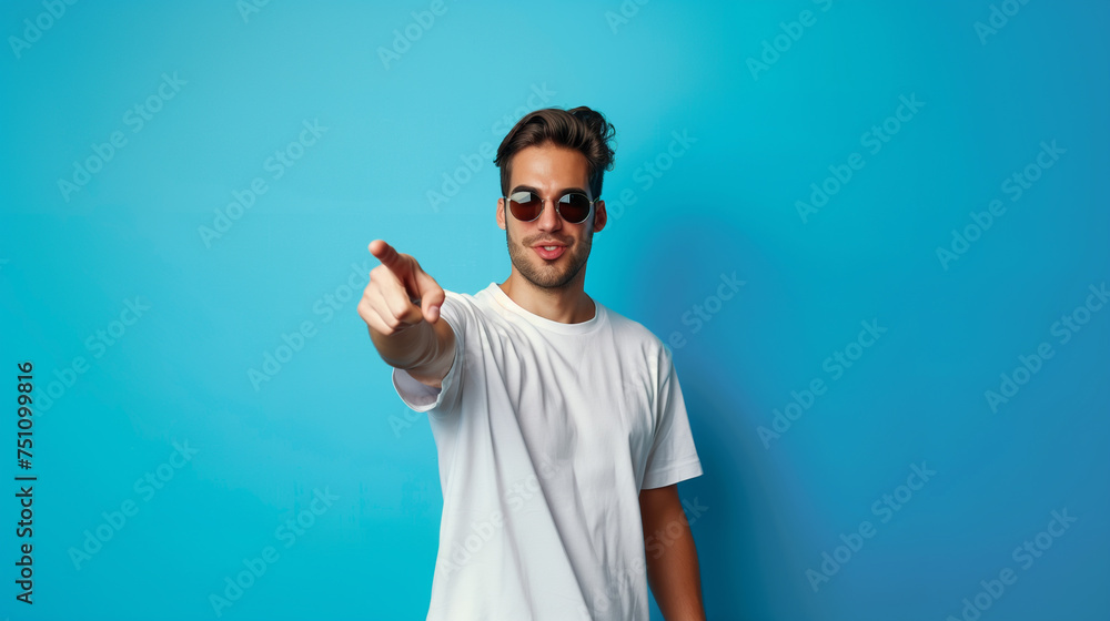 Naklejka premium 20s white man with sunglasses and white t-shirt pointing with his finger on blue background 