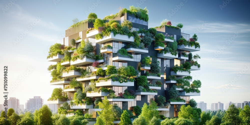 Obraz premium Sustainable green building in modern city. Green architecture. Eco-friendly building. Sustainable residential building with vertical garden reduce CO2. Apartment with green environment.