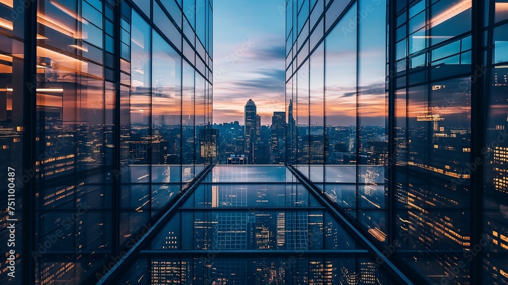 A sleek and modern HD capture of an urban skyline at dusk, offering a sophisticated and minimalistic backdrop for mockups. - obrazy, fototapety, plakaty 