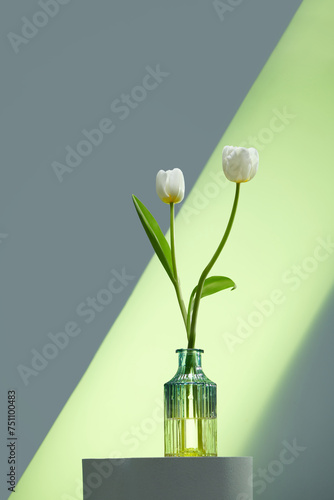spring bouquet of white tulips flowers in the glass vase photo
