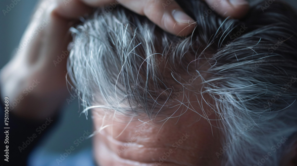 薄毛を気にするシニア日本人男性 薄毛を気にするシニア日本人男性