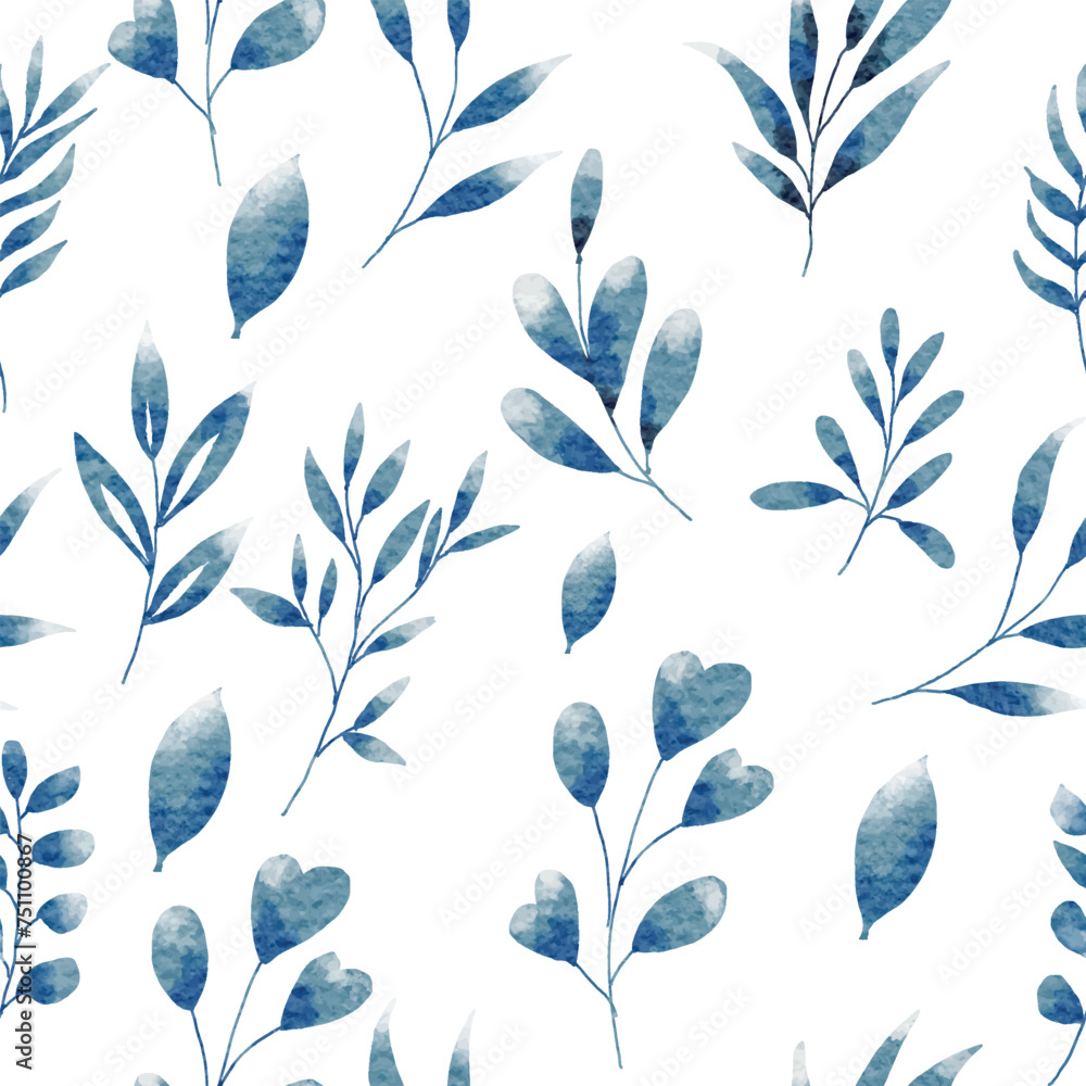 Fototapeta premium Blue Watercolor Leaves Seamless Pattern