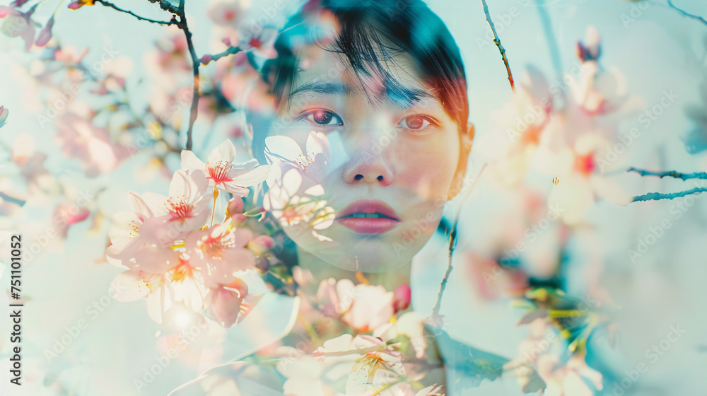 Fototapeta premium 花を纏うアジア人女性の優美なポートレイト