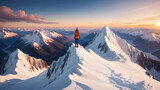 Adventurous woman standing on top of a snow peak