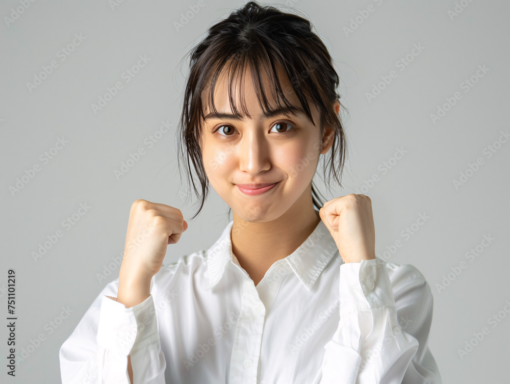 前向きなエネルギーに満ちた、アジア人女性のガッツポーズ
