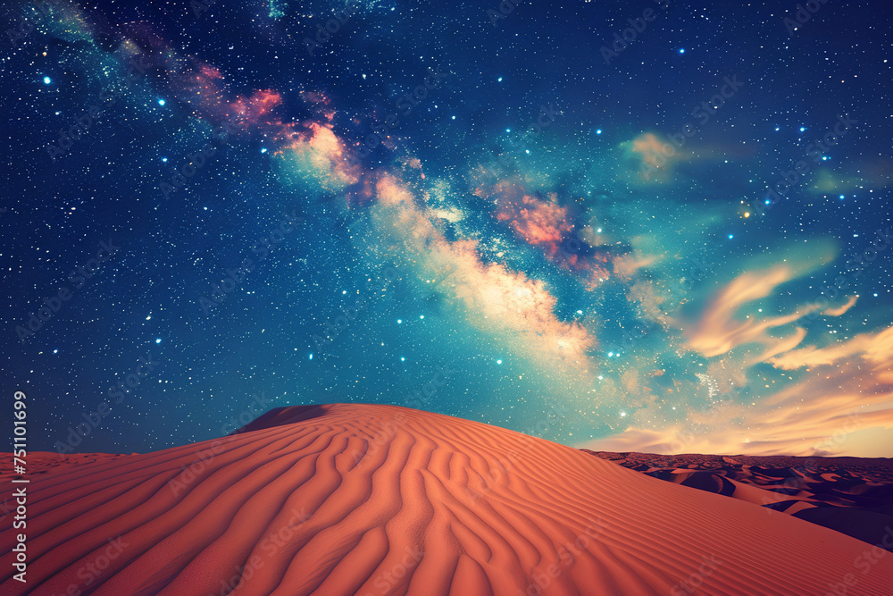 A captivating landscape photograph captures the Milky Way stretching across the desert sky, adorned with countless stars, creating a breathtaking celestial panorama.




 - obrazy, fototapety, plakaty 