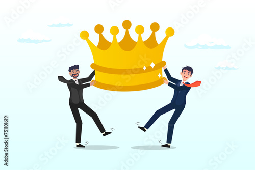 Angry coworker fighting by pulling golden crown metaphor of job promotion position, staff conflict or employee argument, fighting for job promotion or jealousy colleague (Vector)