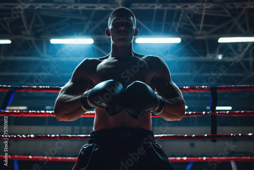 Professional male boxer standing on boxing ring, ready to fight and compete