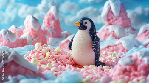 Edible art showcasing a candy penguin in a sugary Antarctic scene hyperquality textures and flavorful scenes