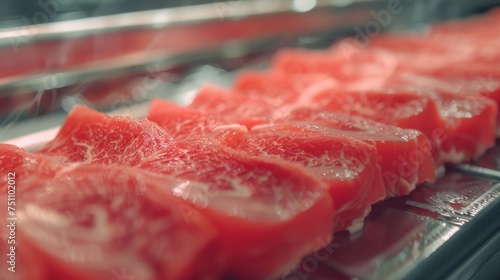 The precision and speed of a laserguided ting machine can be seen in this image of perfectly uniform slices of meat. photo