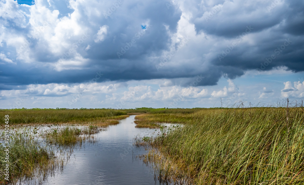 Cloudy skies above the open Florida Everglades grasslands with pathway 