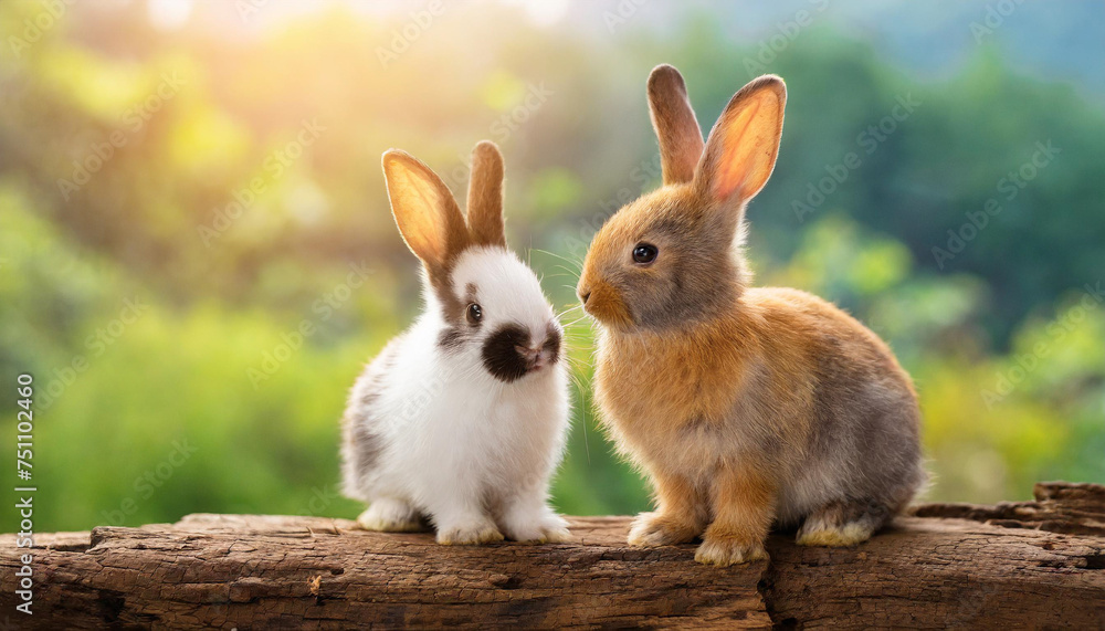 Obraz premium The two rabbit sits on the wood with light bokeh form nature background. Easter day