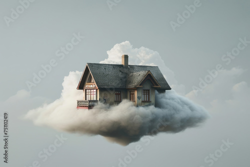 Displaying a house on a cloud floating on a gray background, the style features depictions of urban life, rustic realism, dreamy realism, vintage modernism, and installation-based aspects.