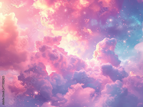 Clouds fill the sky, styled with neon colors, combining the mundane and the magical.