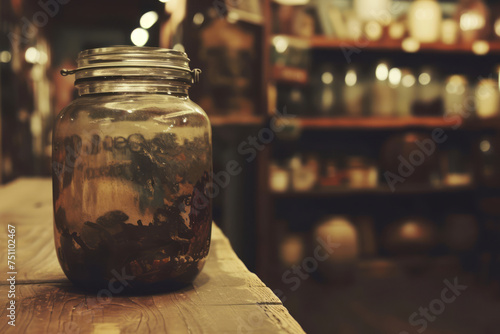 A jar with a capacity of 1 gallon and 10 ounces is styled with a shallow depth of field and clean inking. photo