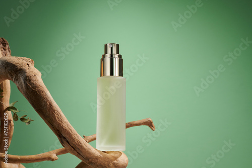 Scene with frosted glass bottle without label and dried branch photo