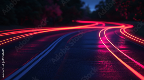 The perspective rendering style is evident in the red lights moving across the road in dark amber and indigo.