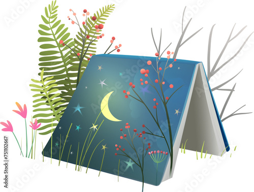Cute open book in nature, standing like a tent. Reading and fairytale illustration of book with stars and moon on cover, kids clipart. Vector hand drawn illustration in watercolor style for children.
