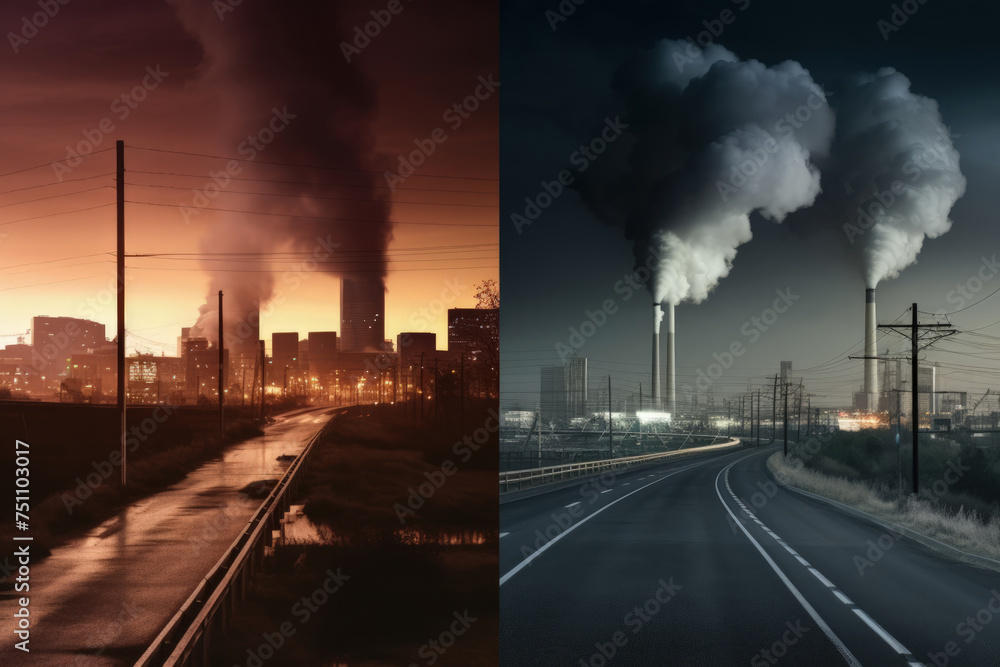 Cityscape with Industrial Pollution: Smog, Smoke, and Environmental Impact