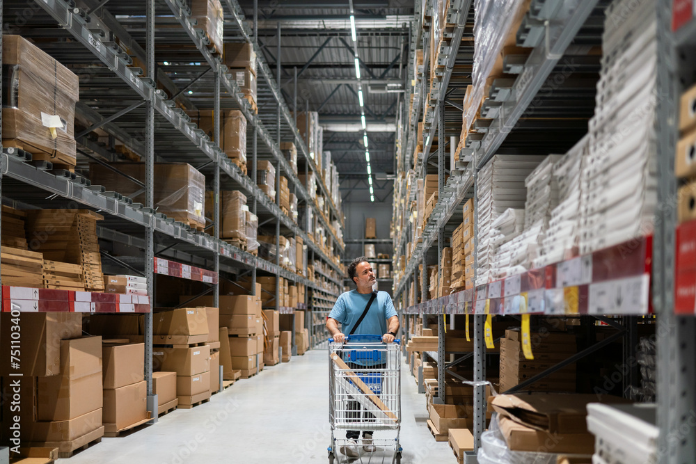 Customer Walking With Trolley At Warehouse Customer Walking With Trolley At Warehouse