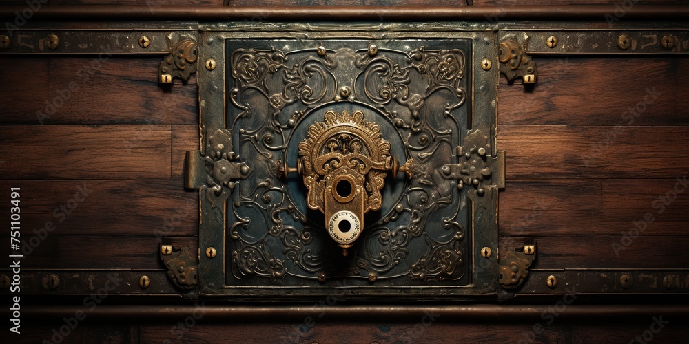 The master key hole. Security, vault, safe keeping concept. keyhole of old door or chest - obrazy, fototapety, plakaty 