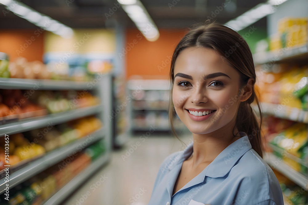 Smiling young woman working in a supermarket