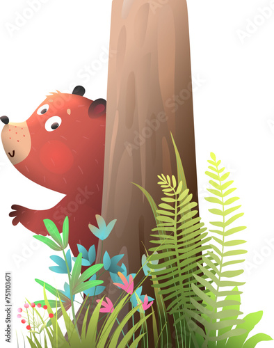 Cute bear peeping from the big tree trunk, waving. Bear animal character in forest nature, isolated clip art for kids. Vector hand drawn illustration in watercolor style for children.