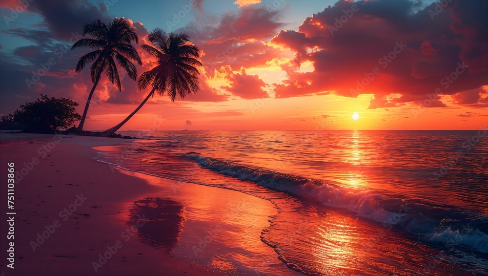 Vibrant sunset over a tropical island, palm trees silhouetted against a fiery sky, serene ocean waves lapping at the shore - obrazy, fototapety, plakaty 