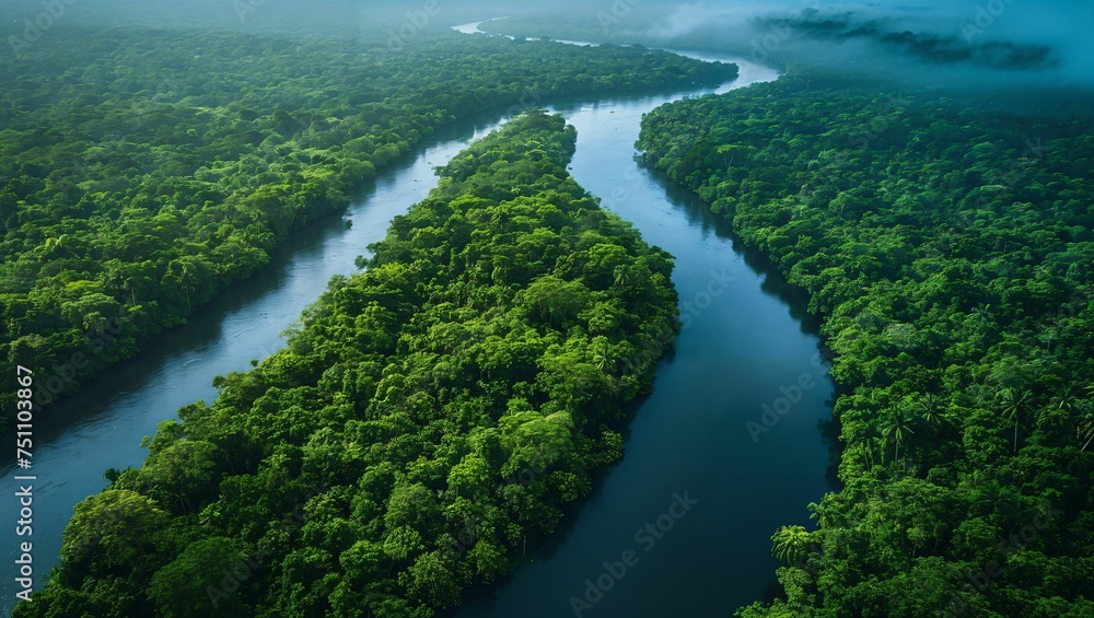 Aerial view of a meandering river through lush tropical forests, vibrant greenery and wildlife visible below Aerial view of a meandering river through lush tropical forests, vibrant greenery and wildlife visible below