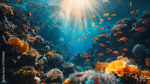Underwater paradise featuring colorful coral reefs teeming with diverse marine life, sunbeams piercing through the water